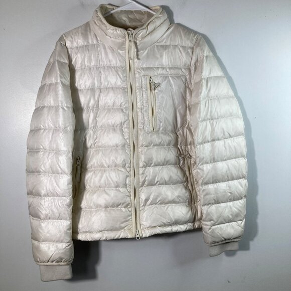 Womens J Crew Down Filled Puffer Jacket Cream Zip Up L Flaw - Picture 1 of 13